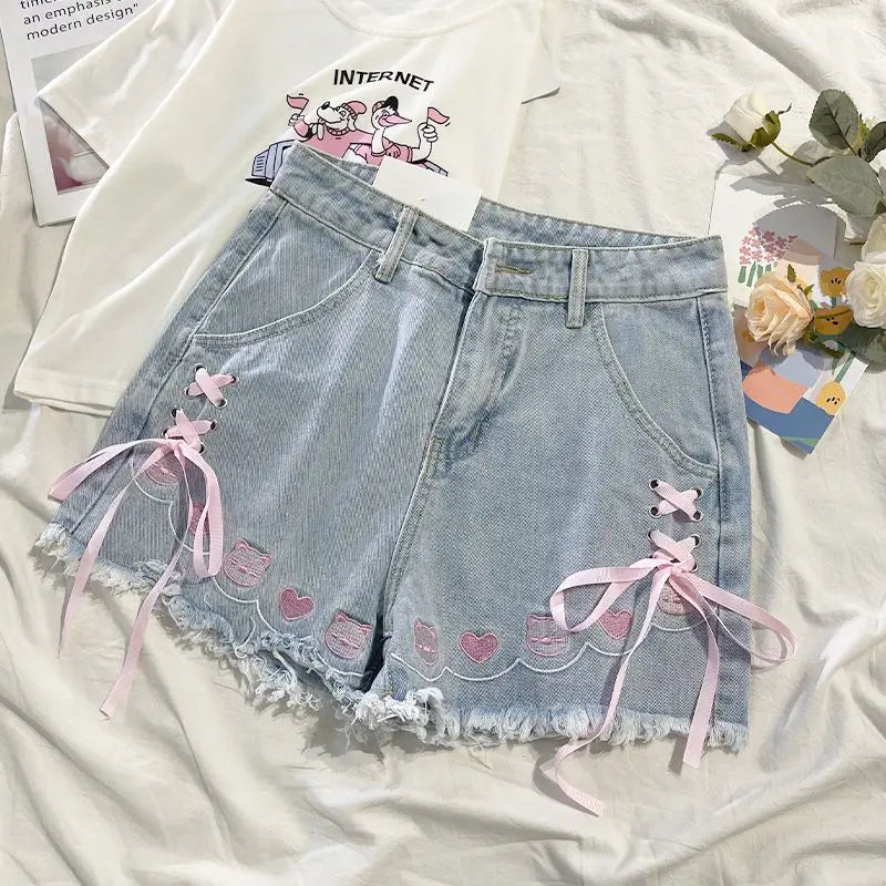 Japanese Denim Shorts for Women – High Waist Embroidered Bandage Shorts | Cute 2025 Fashion Bottoms