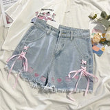Japanese Denim Shorts for Women – High Waist Embroidered Bandage Shorts | Cute 2025 Fashion Bottoms