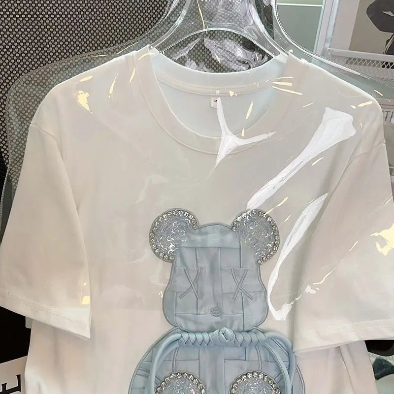 High Quality Pure Cotton Embroidery T Shirts Sky Blue Crystal Bear Cartoon