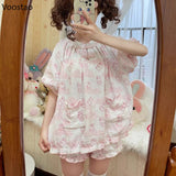 Kawaii Bunny Pajama Set – Women’s Lolita Style Short Sleeve Top & Shorts | Cute Girly Princess Homewear