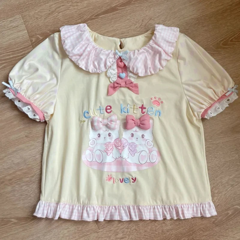 Pink Harajuku Ruffle Top | Cute Bear Lace Tee