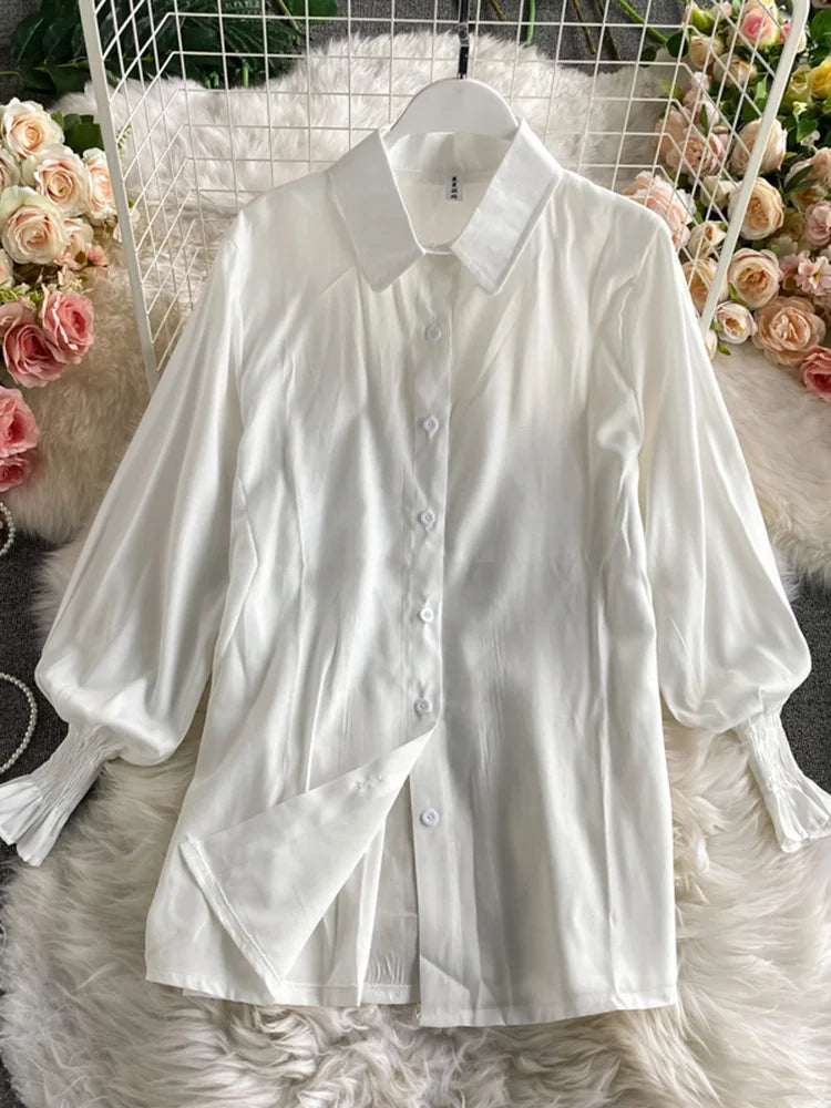 Spring Autumn Women's Lantern Sleeve Shirt Knitted Vest Two Piece Sets of College Style Waistband Vest Two Sets Top