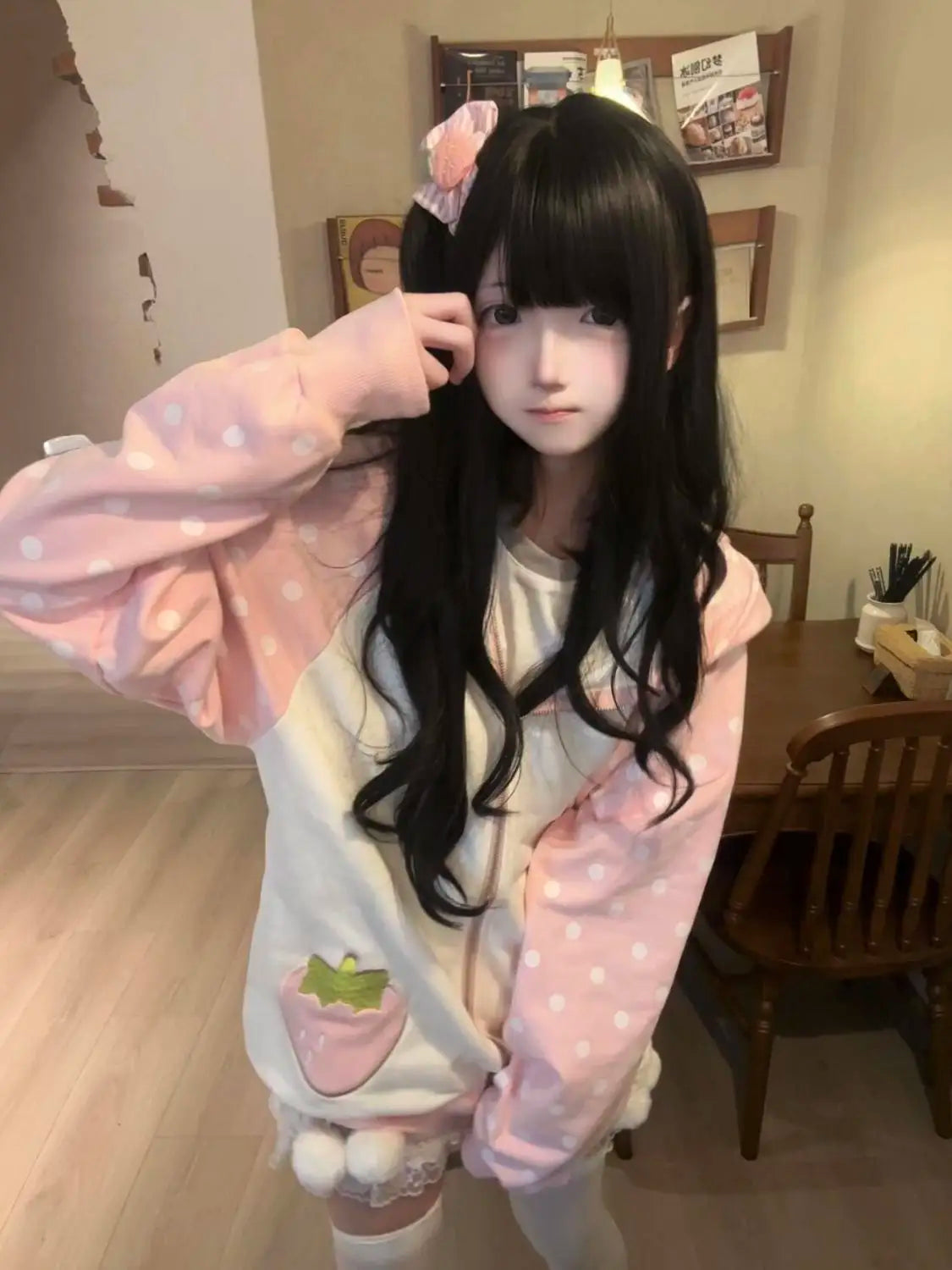Japanese Kawaii Strawberry Hoodie – Women’s Pink Patchwork Lace Polka Dot Overcoat | Sweet Loose Autumn Coat 2025