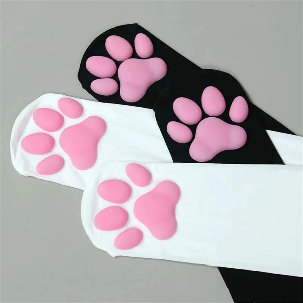 Cute 3D Cat Paw Knee High Socks | Kawaii Plush Paw Print Stockings for Women & Girls