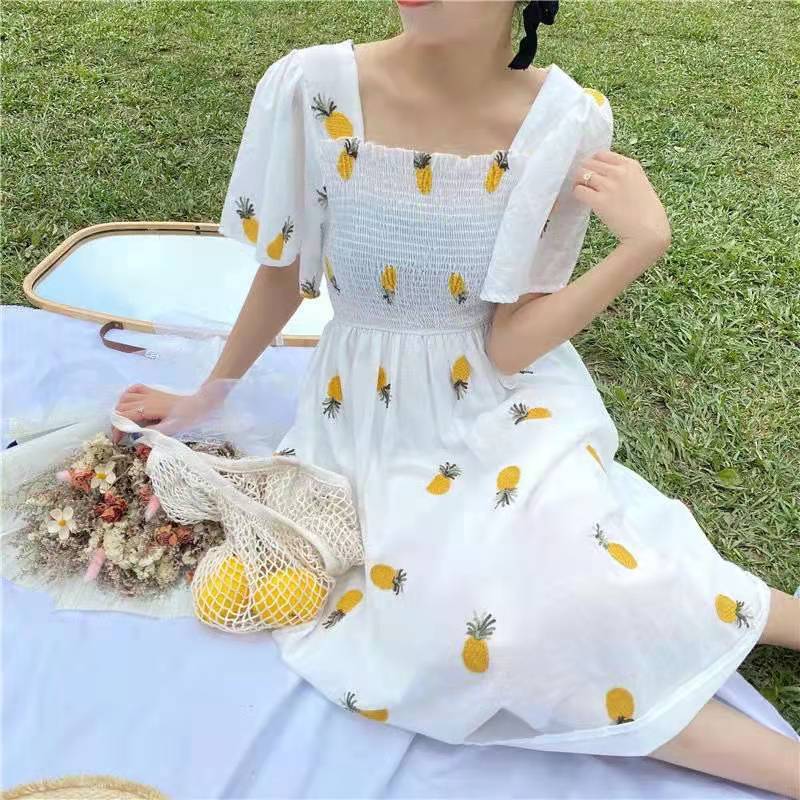 Kawaii Strawberry Dress Sexy Ruffle Puff Sleeve Off Shoulder Embroidery Dresses Korean Elegant