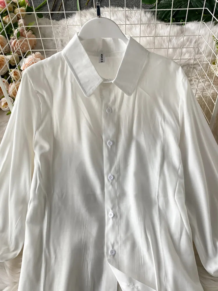 Spring Autumn Women's Lantern Sleeve Shirt Knitted Vest Two Piece Sets of College Style Waistband Vest Two Sets Top