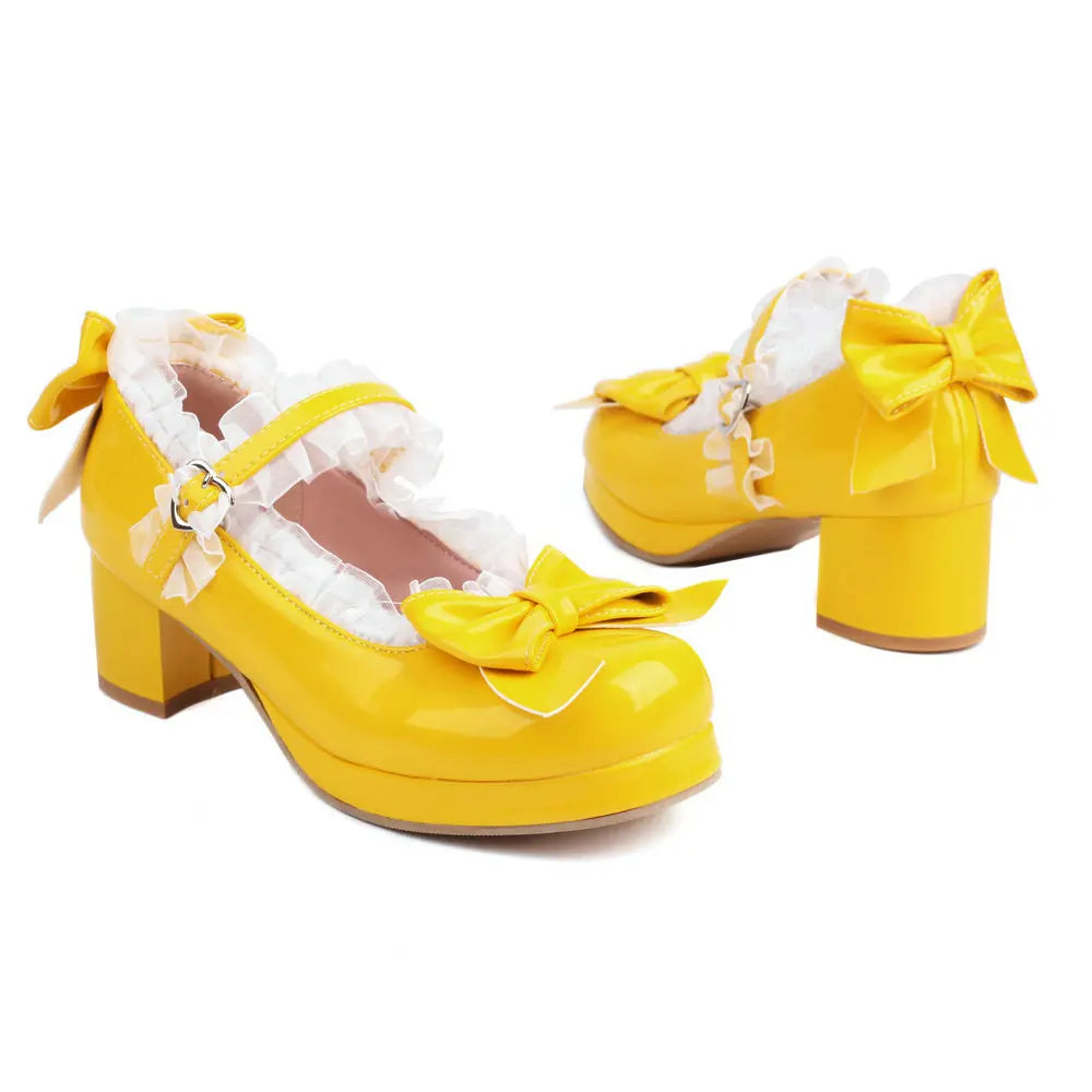 Sweet Lolita Mary Jane Heels | Women's Bow & Lace Princess Shoes with Chunky Heel (Sizes 33–48)