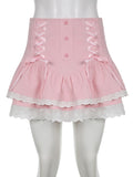 Lolita Style Sweet Pink Lace Trim High Waist Mini Skirt Women Harajuku Korean Tie Up Pleated Skirt Double Layer Cute