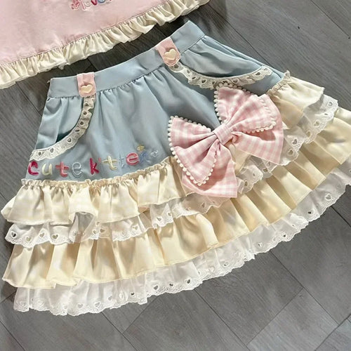 Blue Pink Harajuku Ruffle Skirt | Kawaii A-Line Mini Skirt