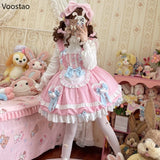 Sweet Lolita JSK Dress – Kawaii Bear Print, Bows & Ruffles | Blue & Pink Sleeveless Mini Dress