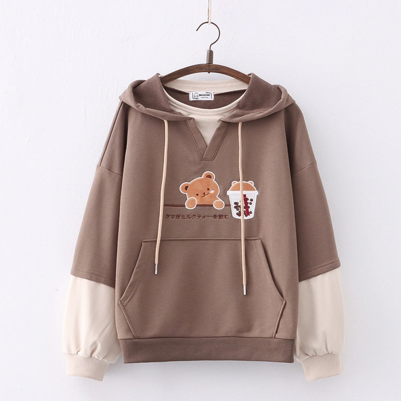 Harajuku Fashion Women Hoodies Winter Clothes Kawaii Fleece Cute Bear Anime Sweatshirt Teen Girls Aesthetic Long Sleeve Pullover