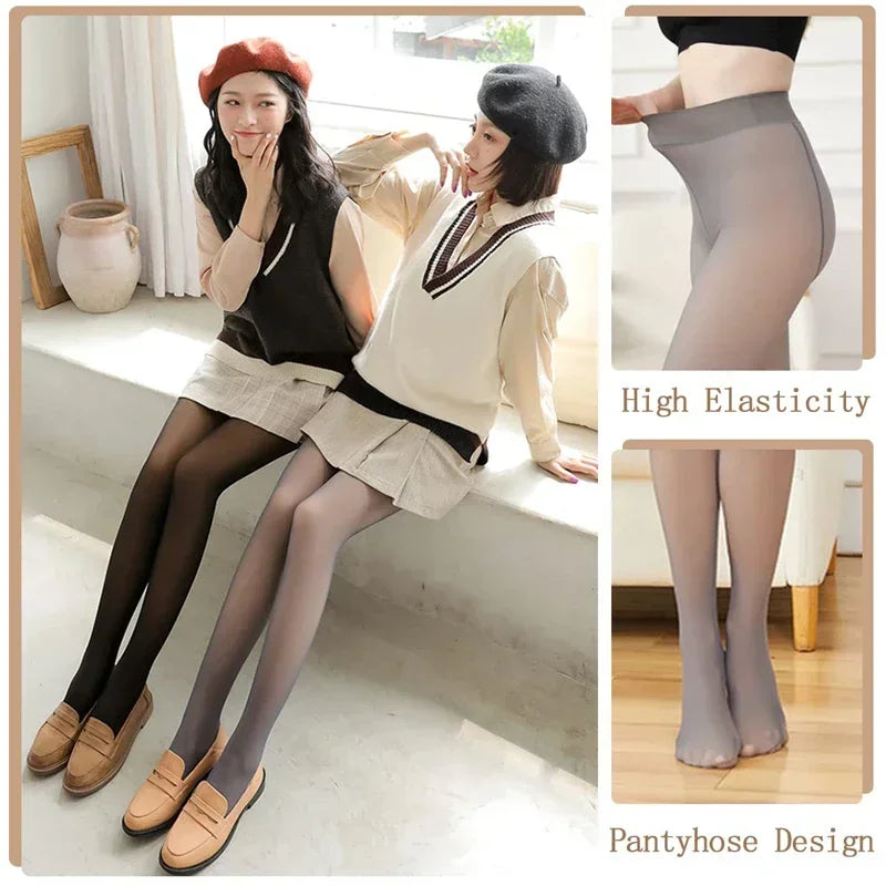 Women's Thermal Fleece Tights | Fake Translucent Winter Pantyhose – Warm Velvet Lined Slim Stretch Stockings