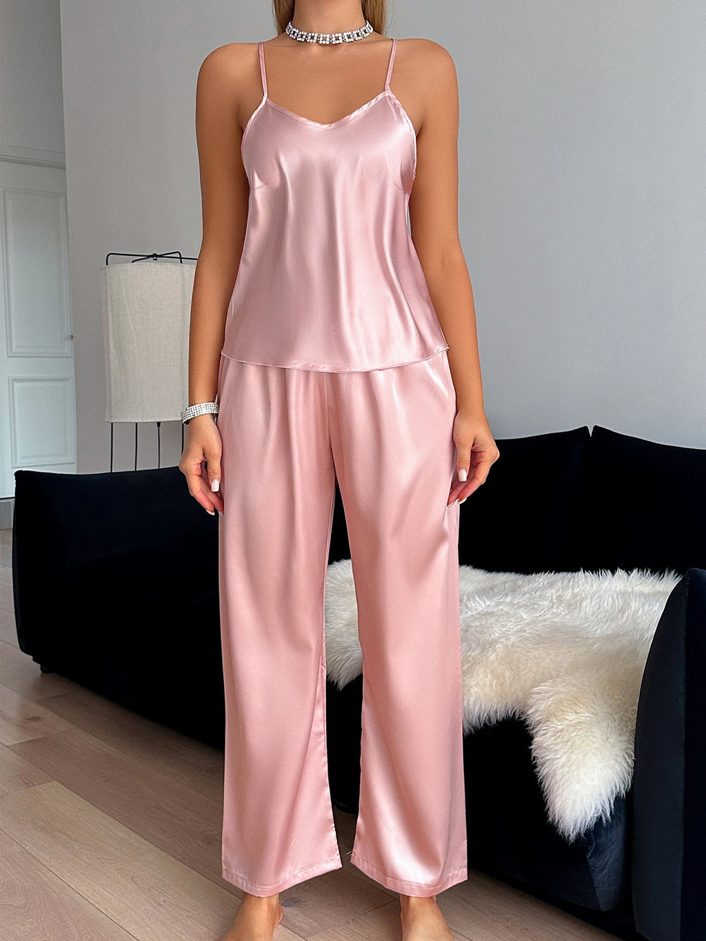 Women's V-Neck Pajama Set | Elegant Sleeveless Halter Top & Ankle Pants 2-Piece Loungewear Set