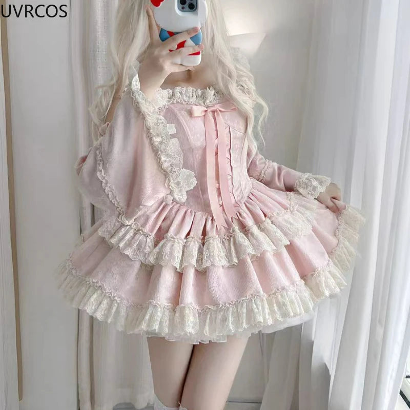 Sweet Elegant Lolita Princess Dress Women Kawaii Cute Lace Ruffles Bow Slim Dresses Japan Harajuku Y2k Evening Party Mini Dress
