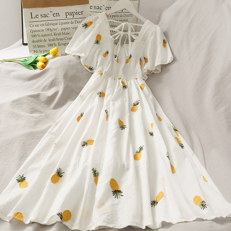 Kawaii Strawberry Dress Sexy Ruffle Puff Sleeve Off Shoulder Embroidery Dresses Korean Elegant