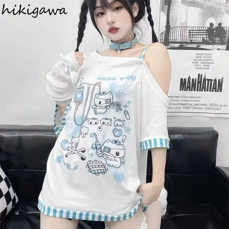 Japanese Anime Oversized T-Shirt – Women’s Summer Off-Shoulder Y2K Top | Casual 2025 Fashion Tee