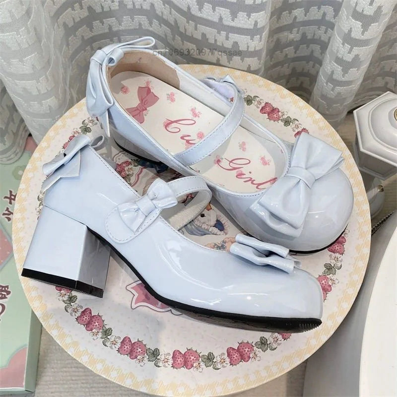 Lolita Style Cute Round Head Mary Jane Pumps With Bow Women's Sweet Party Dress Midi Heels Shoes Fashion PU Sandals