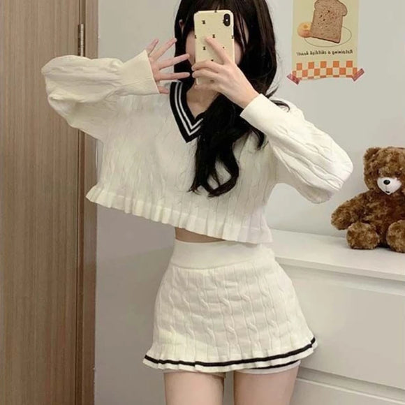 Korean Fashion Y2k 2 Piece Set Woman Casual Knitting Sweater Tops + Slim Bodycon Mini Skirts Elegant Solid Suit Office Lady Chic