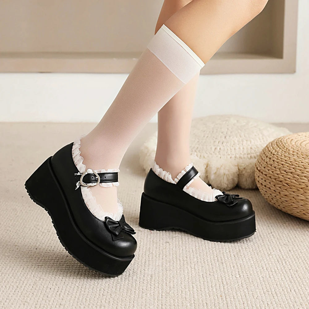 Cosplay Shoes Sweet Lolita Ruffles Bowknot Lace Bridal Wedding Girls Wedges Heel