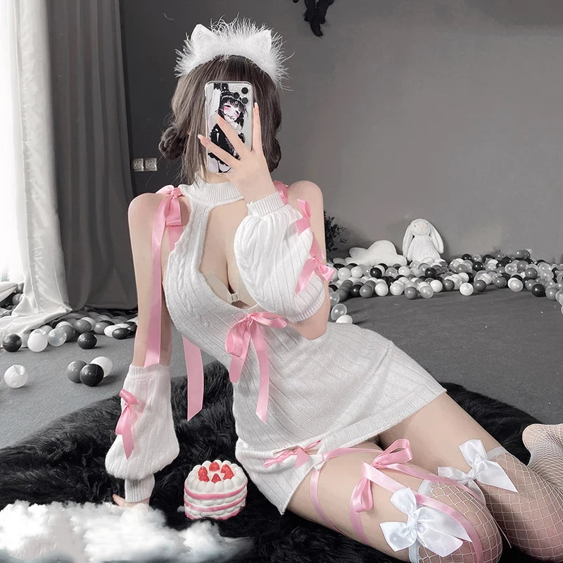 Sexy backless sweet temptation cosplay costumes cute long sleeve turtleneck open chest dress