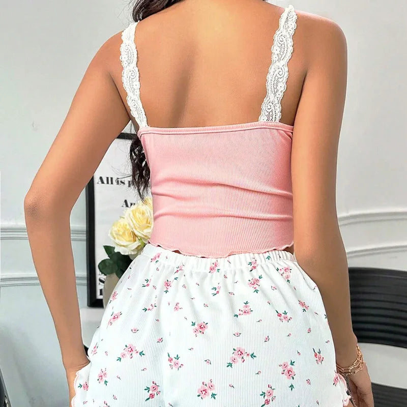 Women’s Lace Camisole Pajama Set | Sexy Slim-Fit 2-Piece Sleepwear with Spaghetti Strap Top & Shorts