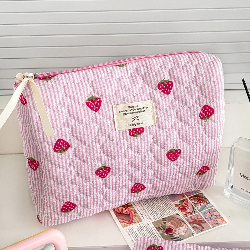 Kawaii Strawberry Embroidered Backpack | Cute Japanese Pink School Bag for Girls with Lace Details