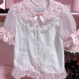 Sweet Lolita Lace Bow Blouse | Women’s Kawaii Pink Short Sleeve Shirt – Elegant Loose Fit Chic Top