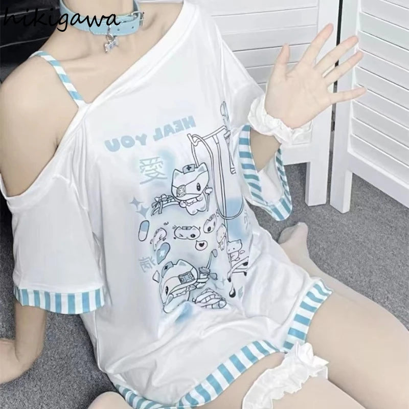 Japanese Anime Oversized T-Shirt – Women’s Summer Off-Shoulder Y2K Top | Casual 2025 Fashion Tee