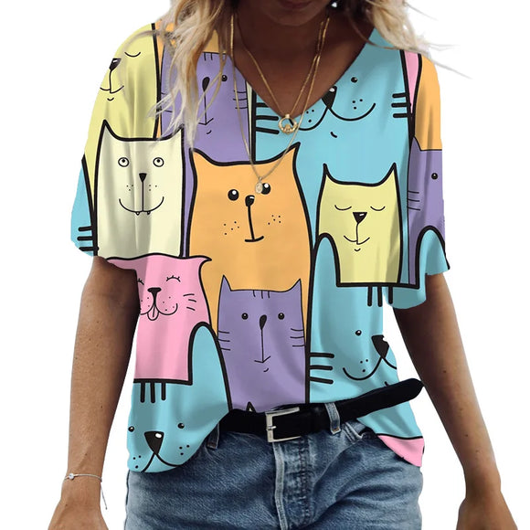 V-Neck T-shirts Cute Cats Graphics Printed Short Sleeve Tops Summer Kawaii Fashion