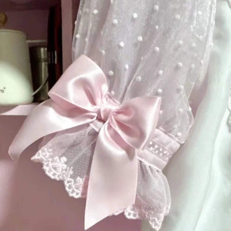 Sweet Lolita Lace Bow Blouse | Women’s Kawaii Pink Short Sleeve Shirt – Elegant Loose Fit Chic Top