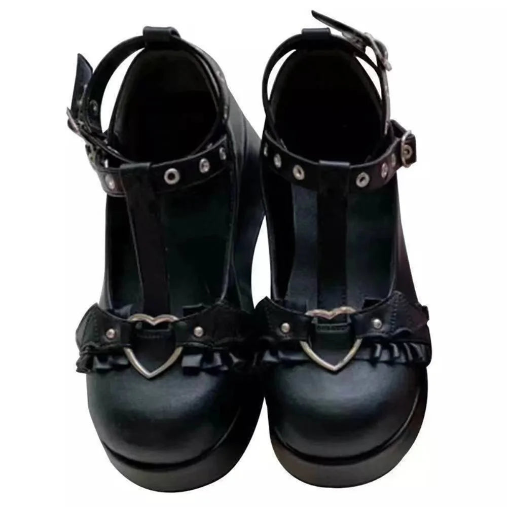 Sweet Heart Buckle Wedges Mary Janes Women Pink T-Strap Chunky Platform Lolita Shoes Woman Punk Gothic Cosplay Shoes