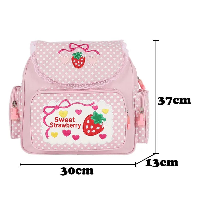 Kawaii Strawberry Embroidered Backpack | Cute Japanese Pink School Bag for Girls with Lace Details