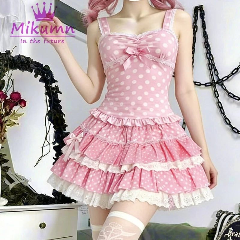 Sweet Kawaii Polka Dot Dress | Japanese Pink Bow Sleeveless Mini Dress for Women