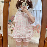 Kawaii Bunny Pajama Set – Women’s Lolita Style Short Sleeve Top & Shorts | Cute Girly Princess Homewear