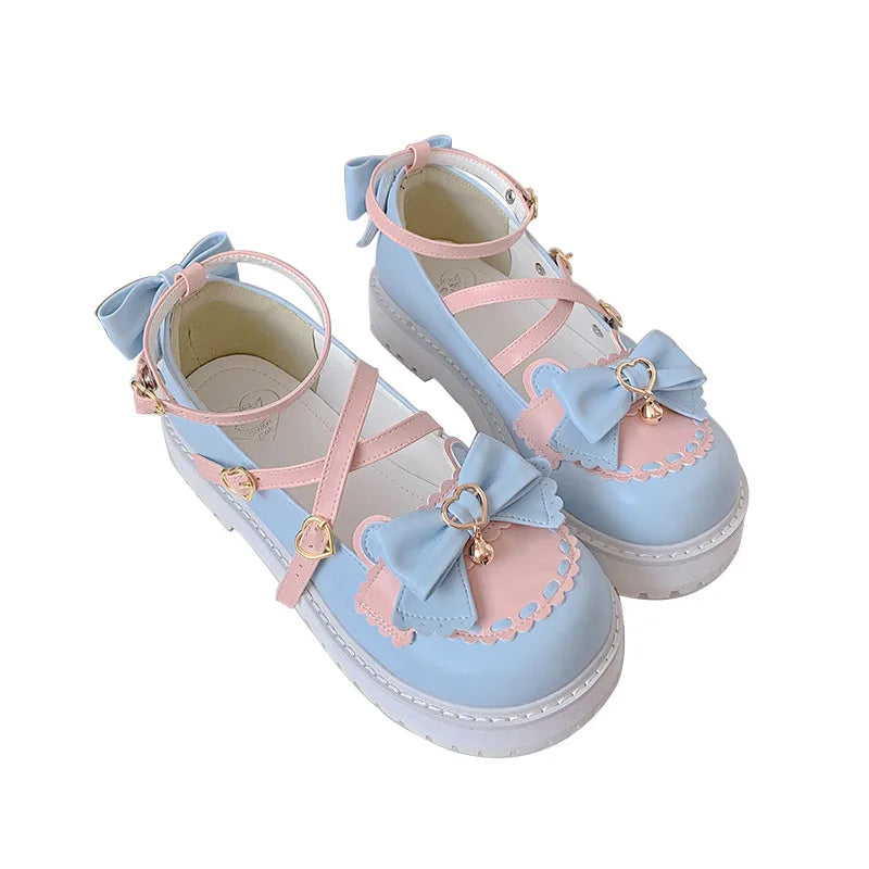 Girls Sweet Lolita Platform Mary Jane Shoes | Kawaii Bowknots, Heart-Shaped Straps & Bell Accents