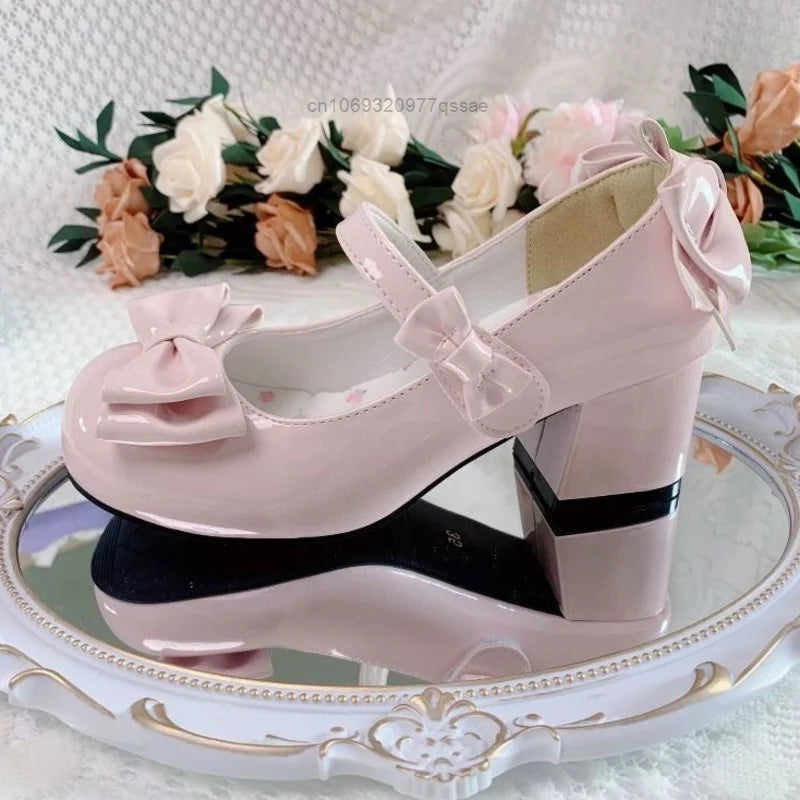 Lolita Style Cute Round Head Mary Jane Pumps With Bow Women's Sweet Party Dress Midi Heels Shoes Fashion PU Sandals