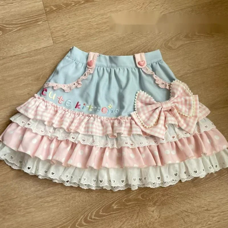 Blue Pink Harajuku Ruffle Skirt | Kawaii A-Line Mini Skirt