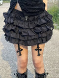 AltGoth Mall Goth Women’s Cake Shorts – Y2K E-Girl Harajuku Fairycore Culottes with Cross Pendant