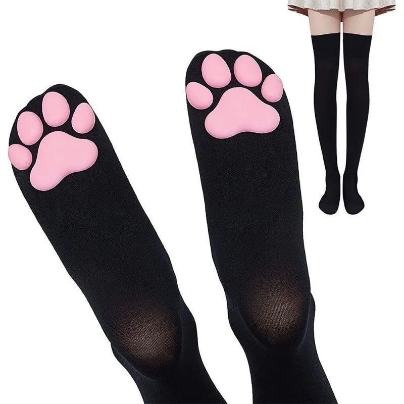 Cute 3D Cat Paw Knee High Socks | Kawaii Plush Paw Print Stockings for Women & Girls