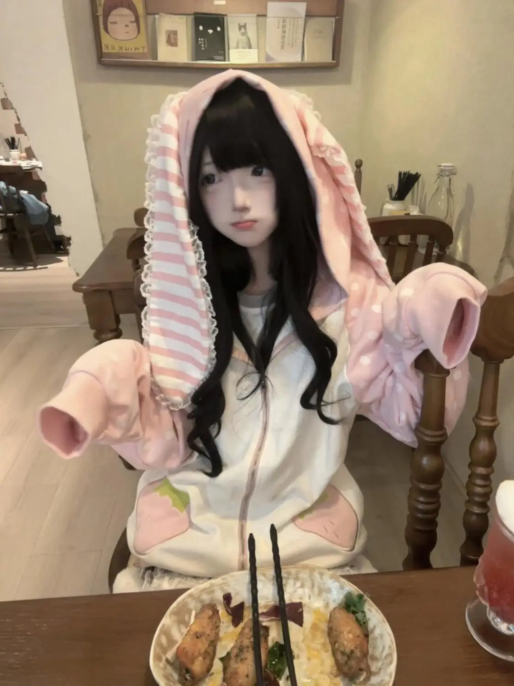 Japanese Kawaii Strawberry Hoodie – Women’s Pink Patchwork Lace Polka Dot Overcoat | Sweet Loose Autumn Coat 2025