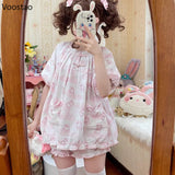 Kawaii Bunny Pajama Set – Women’s Lolita Style Short Sleeve Top & Shorts | Cute Girly Princess Homewear