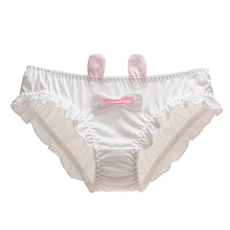 White Lolita bunny panties with ruffle details, bow accent and cute kawaii underwear style