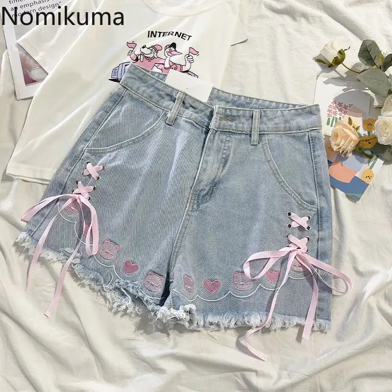 Japanese Denim Shorts for Women – High Waist Embroidered Bandage Shorts | Cute 2025 Fashion Bottoms