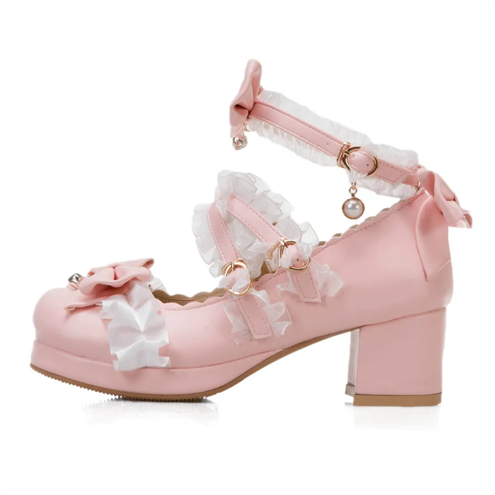 2024 Women's Cross-Strap Mary Jane High-Heel Pumps | Princess Lolita Cosplay Shoes with Ruffles & Bow Accents
