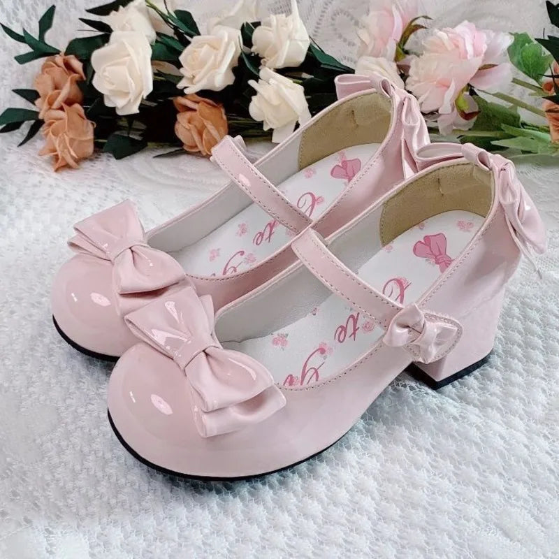 Lolita Style Cute Round Head Mary Jane Pumps With Bow Women's Sweet Party Dress Midi Heels Shoes Fashion PU Sandals