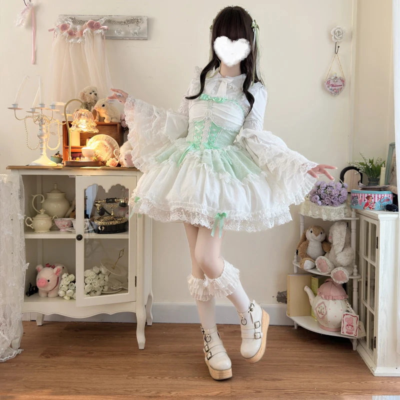 Japanese Sweet Lolita Jsk Dress Women Elegant Ruffles Lace Bandage Princess Strap Dresses Girls Y2k Kawaii Tea Party Mini Dress