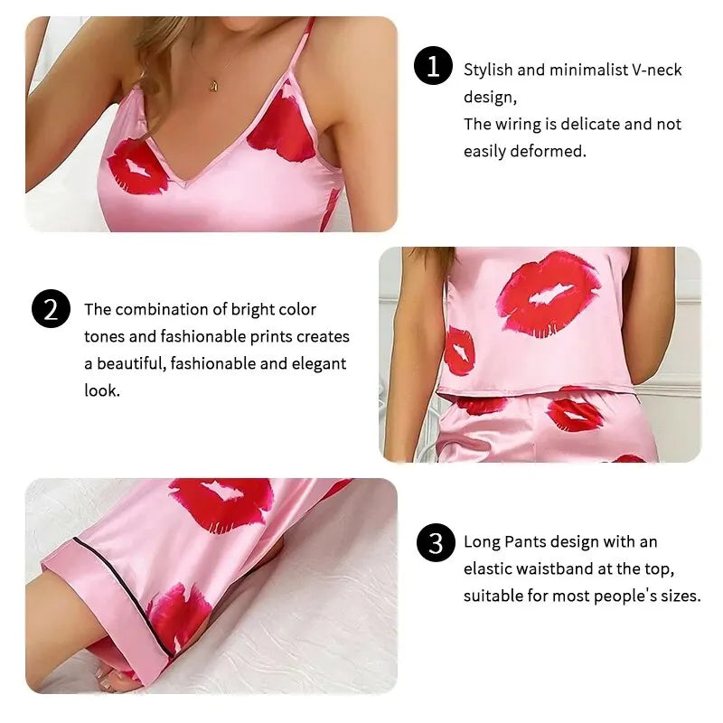 Women's Satin Pajama Set - Lip Print V-Neck Cami Top & Elastic Waist Pants | Comfortable Sleepwear & Loungewear