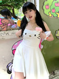 Kawaii White Dress Japanese Y2k Cat Face Embroidery Cute Spaghetti Strap Mini Dress Bow Patchwork Anime Sundress