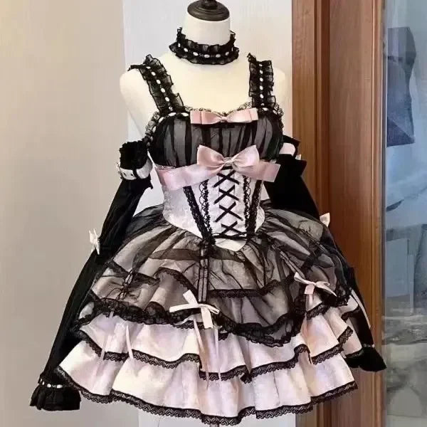 Japanese Sweet Lolita Gothic Mini Dress | Kawaii Harajuku Y2K Style with Bow, Lace & Ruffle Accents