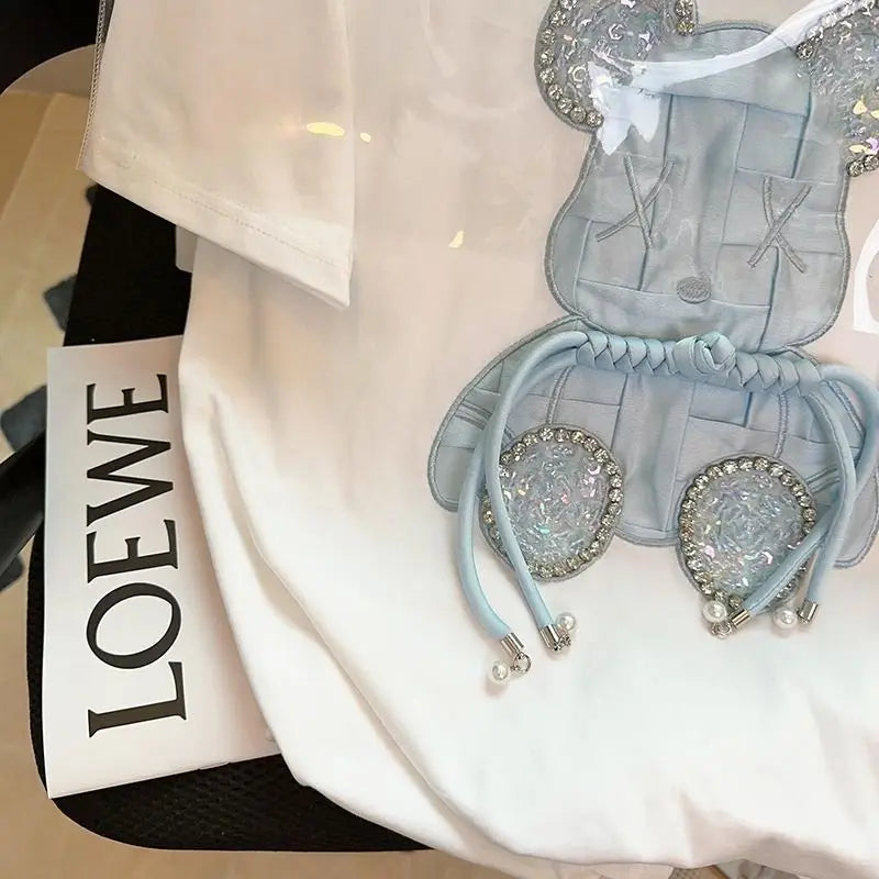 High Quality Pure Cotton Embroidery T Shirts Sky Blue Crystal Bear Cartoon